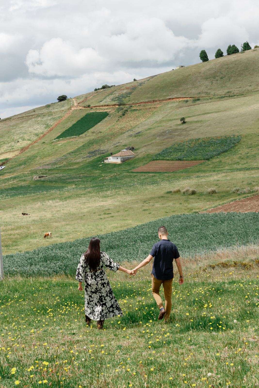 Sebastián y Johanna caminando hacia las montañas